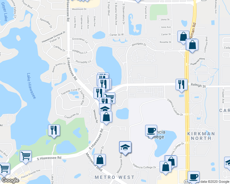 map of restaurants, bars, coffee shops, grocery stores, and more near 6332 Raleigh Street in Orlando