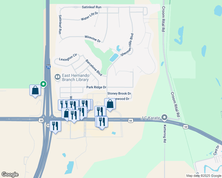 map of restaurants, bars, coffee shops, grocery stores, and more near 31138 Park Ridge Drive in Brooksville
