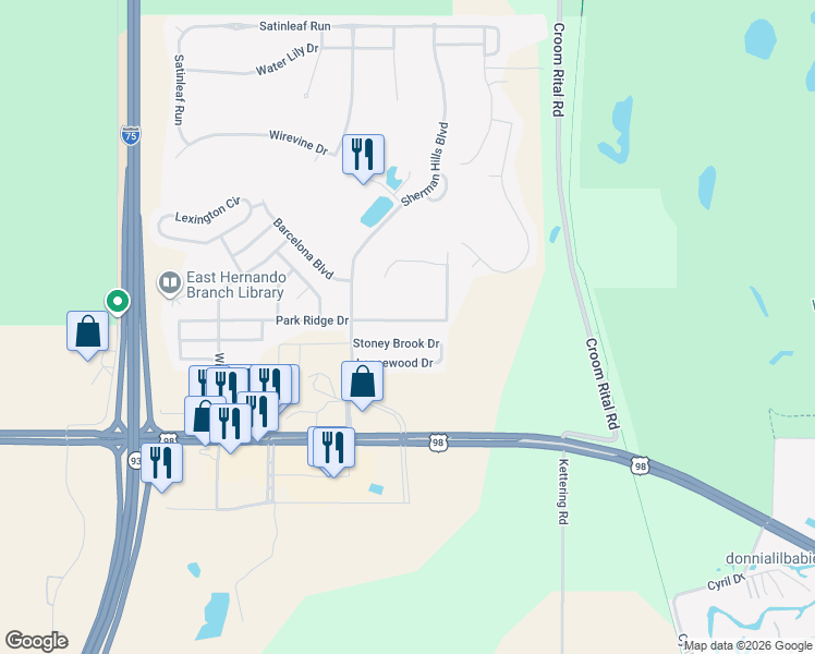 map of restaurants, bars, coffee shops, grocery stores, and more near 31232 Park Ridge Drive in Brooksville
