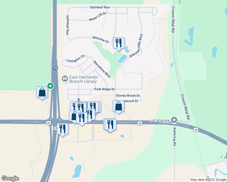 map of restaurants, bars, coffee shops, grocery stores, and more near 31138 Park Ridge Drive in Brooksville