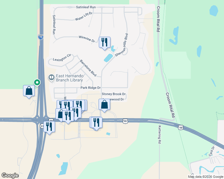 map of restaurants, bars, coffee shops, grocery stores, and more near 31210 Park Ridge Drive in Brooksville