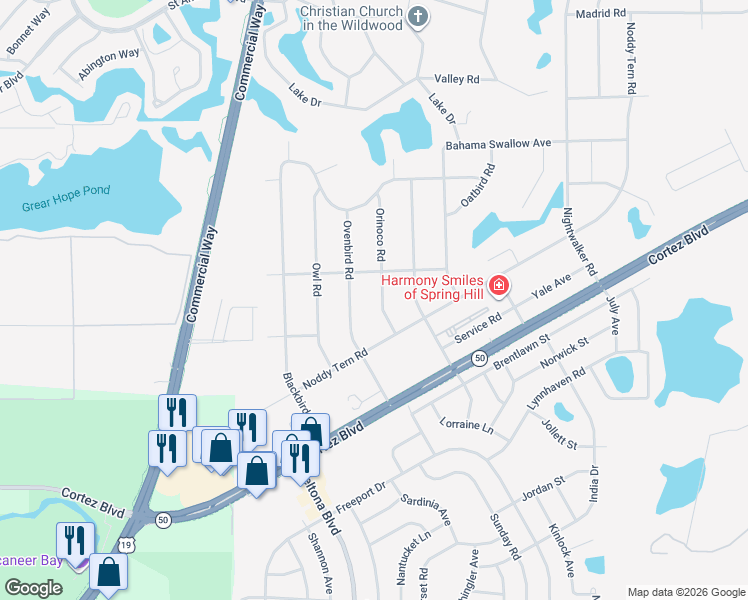 map of restaurants, bars, coffee shops, grocery stores, and more near 6513 Orinoco Road in Spring Hill