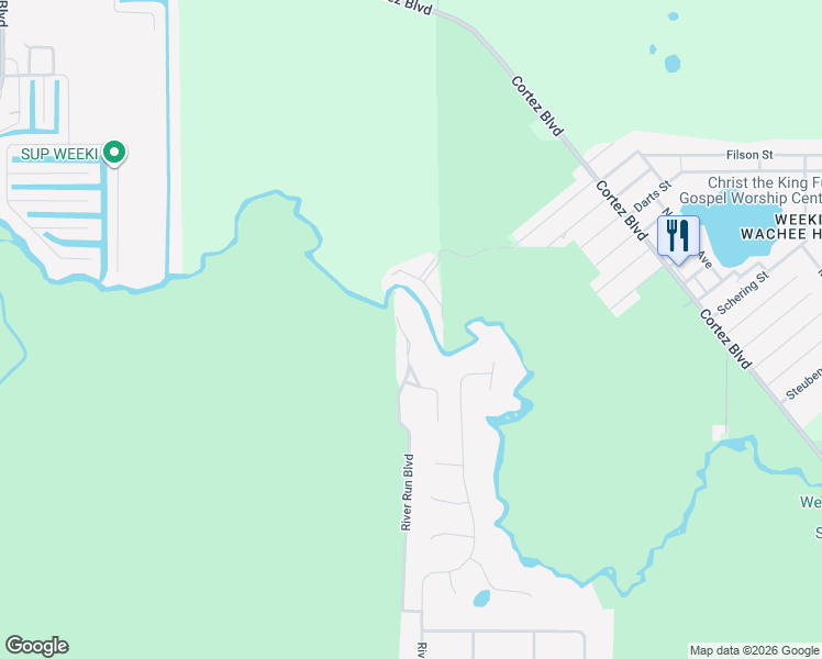 map of restaurants, bars, coffee shops, grocery stores, and more near 6703 River Run Boulevard in Spring Hill