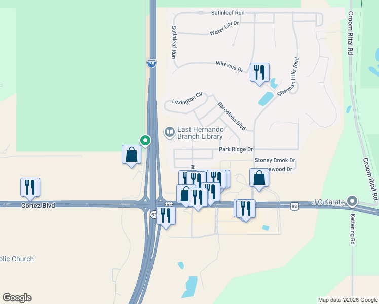 map of restaurants, bars, coffee shops, grocery stores, and more near 30480 Park Ridge Drive in Brooksville