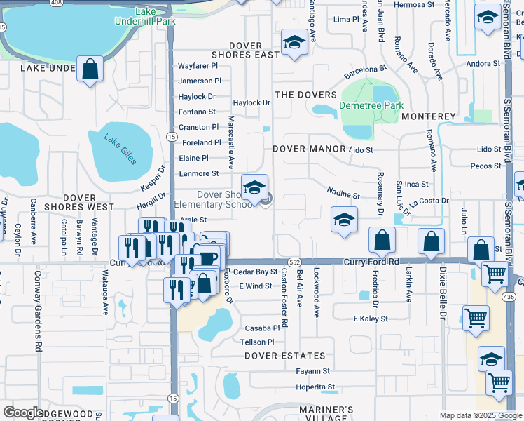 map of restaurants, bars, coffee shops, grocery stores, and more near 1200 Gaston Foster Road in Orlando