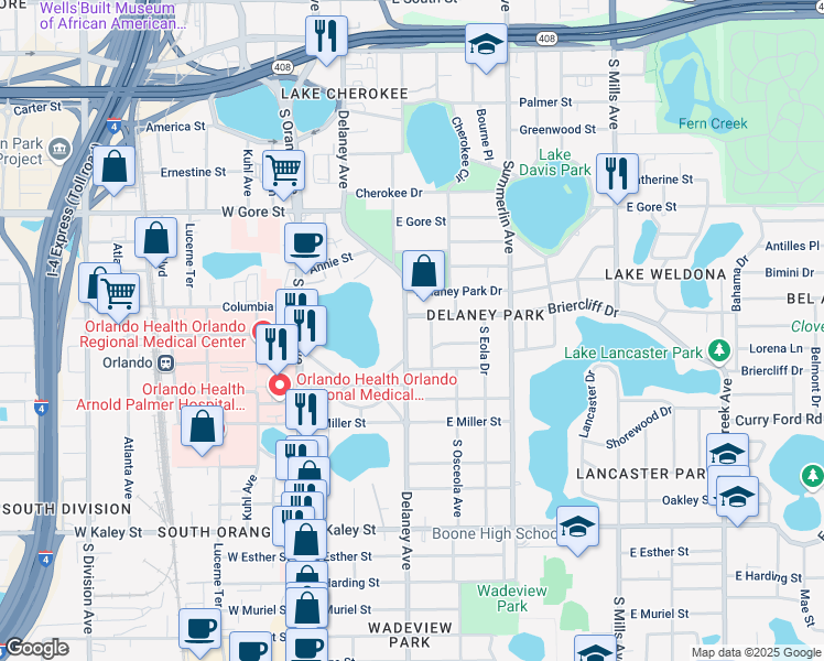 map of restaurants, bars, coffee shops, grocery stores, and more near 1213 Delaney Avenue in Orlando
