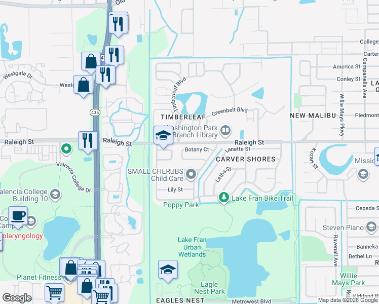 map of restaurants, bars, coffee shops, grocery stores, and more near 5318 Botany Court in Orlando