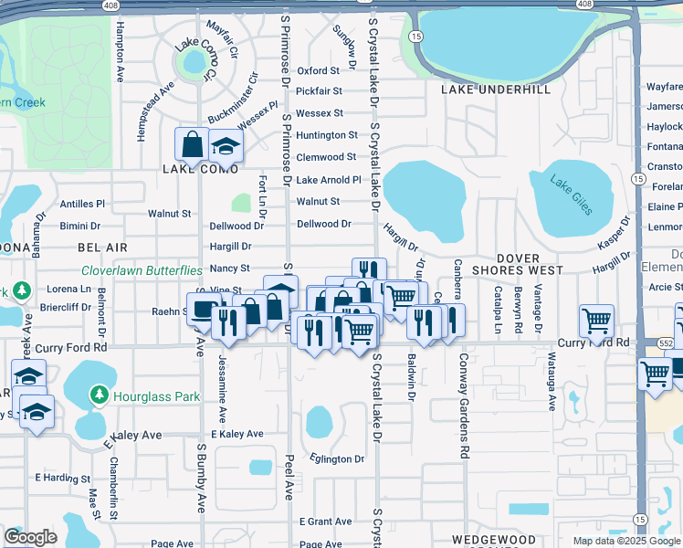 map of restaurants, bars, coffee shops, grocery stores, and more near 3012 Nancy Street in Orlando