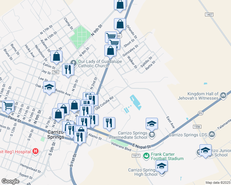 map of restaurants, bars, coffee shops, grocery stores, and more near 602 Old Cotulla Road in Carrizo Springs