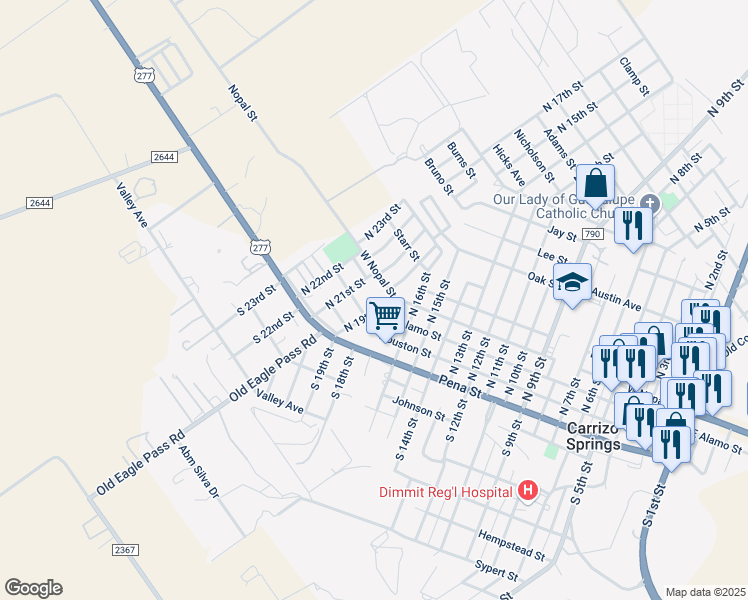 map of restaurants, bars, coffee shops, grocery stores, and more near 400 North 19th Street in Carrizo Springs