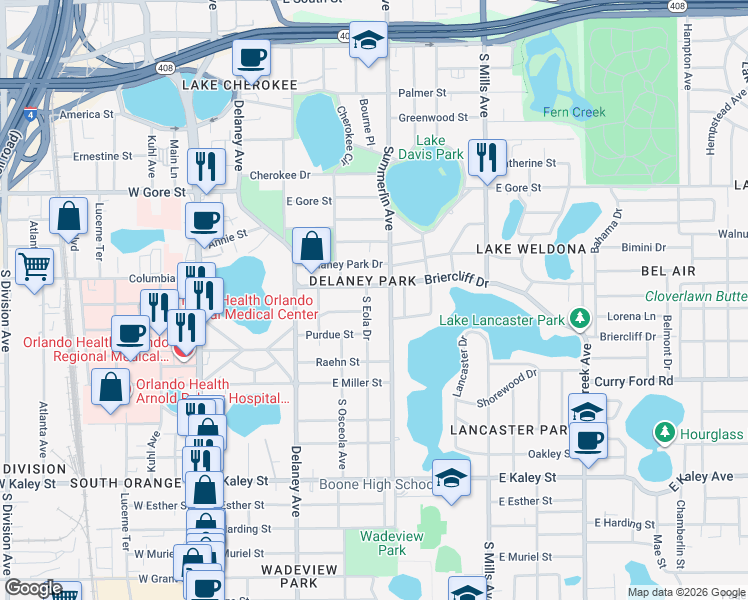 map of restaurants, bars, coffee shops, grocery stores, and more near 1213 South Eola Drive in Orlando
