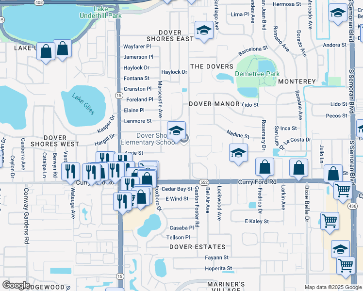 map of restaurants, bars, coffee shops, grocery stores, and more near in Orlando