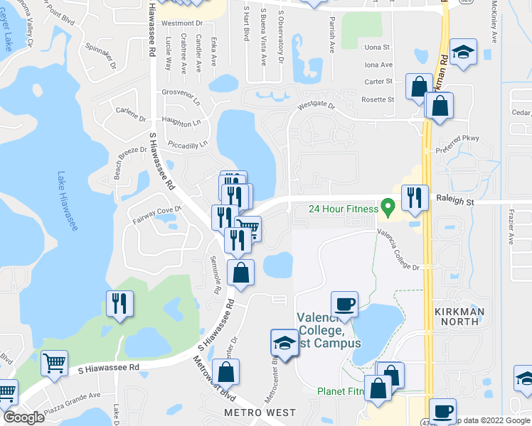 map of restaurants, bars, coffee shops, grocery stores, and more near 6332 Raleigh Street in Orlando