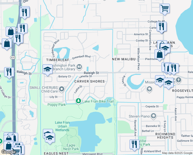 map of restaurants, bars, coffee shops, grocery stores, and more near 4936 Lanette Street in Orlando