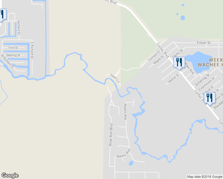 map of restaurants, bars, coffee shops, grocery stores, and more near 7042 River Run Boulevard in Weeki Wachee