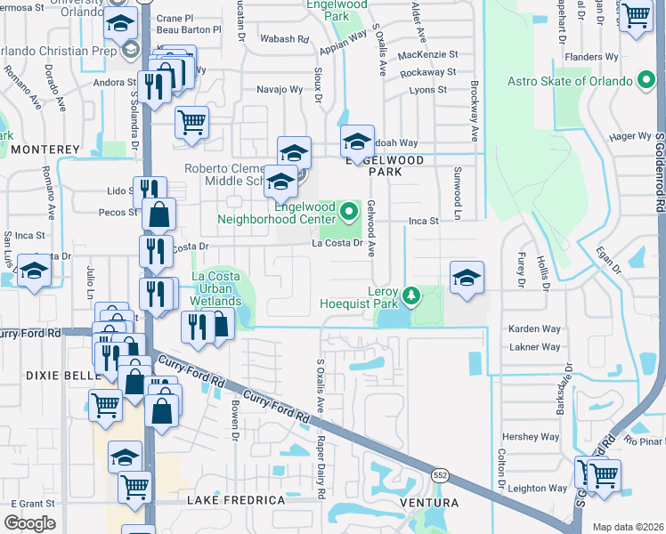 map of restaurants, bars, coffee shops, grocery stores, and more near 6020 Jibway Court in Orlando