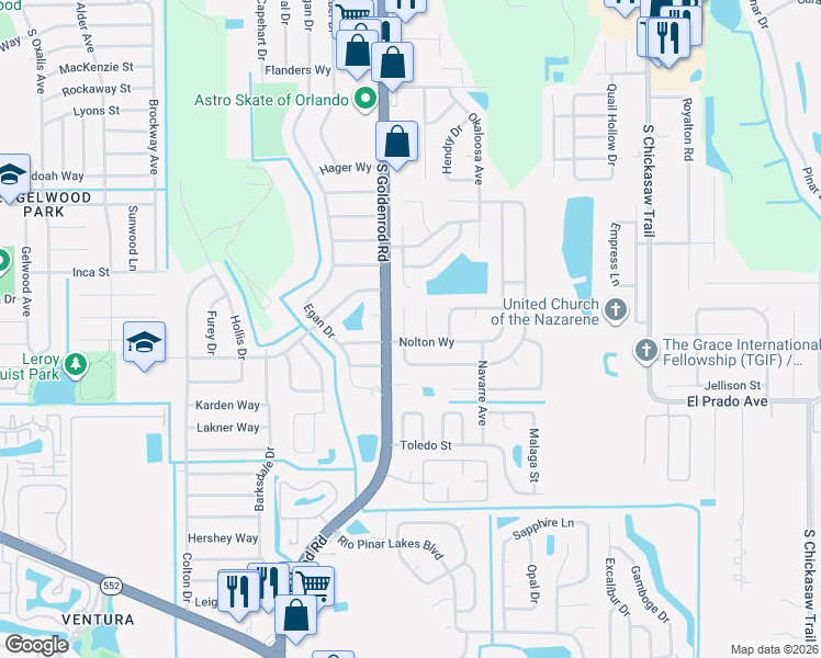 map of restaurants, bars, coffee shops, grocery stores, and more near 1440 Niobe Court in Orlando
