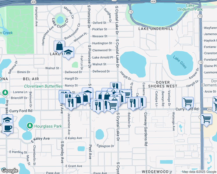 map of restaurants, bars, coffee shops, grocery stores, and more near 3020 Nancy Street in Orlando