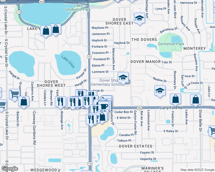 map of restaurants, bars, coffee shops, grocery stores, and more near 4620 Larado Place in Orlando