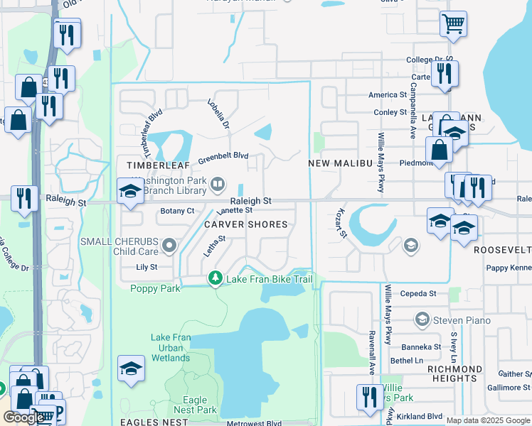 map of restaurants, bars, coffee shops, grocery stores, and more near 4936 Lanette Street in Orlando