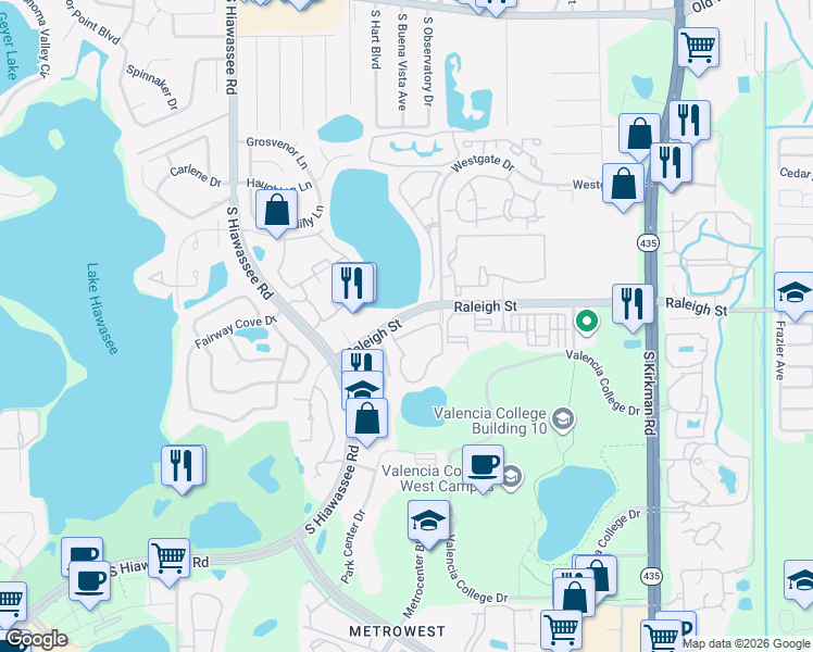map of restaurants, bars, coffee shops, grocery stores, and more near 6332 Raleigh Street in Orlando