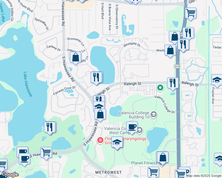 map of restaurants, bars, coffee shops, grocery stores, and more near 6332 Raleigh Street in Orlando