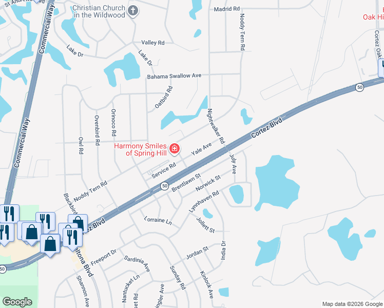map of restaurants, bars, coffee shops, grocery stores, and more near 10221 Yale Avenue in Brooksville