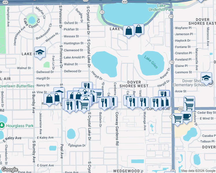 map of restaurants, bars, coffee shops, grocery stores, and more near 3415 Lawson Dr in Orlando