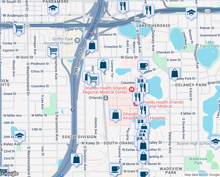 map of restaurants, bars, coffee shops, grocery stores, and more near 121 West Underwood Street in Orlando