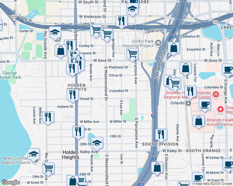 map of restaurants, bars, coffee shops, grocery stores, and more near 912 Columbia Street in Orlando
