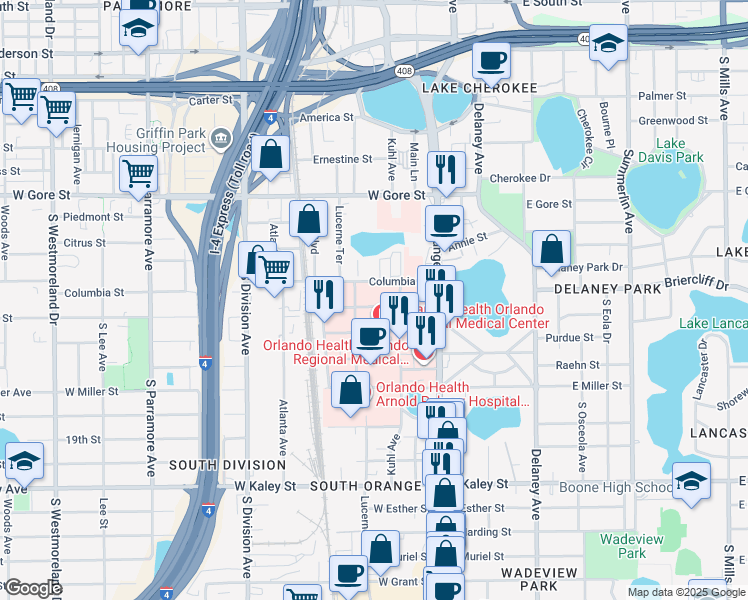 map of restaurants, bars, coffee shops, grocery stores, and more near 77 West Underwood Street in Orlando