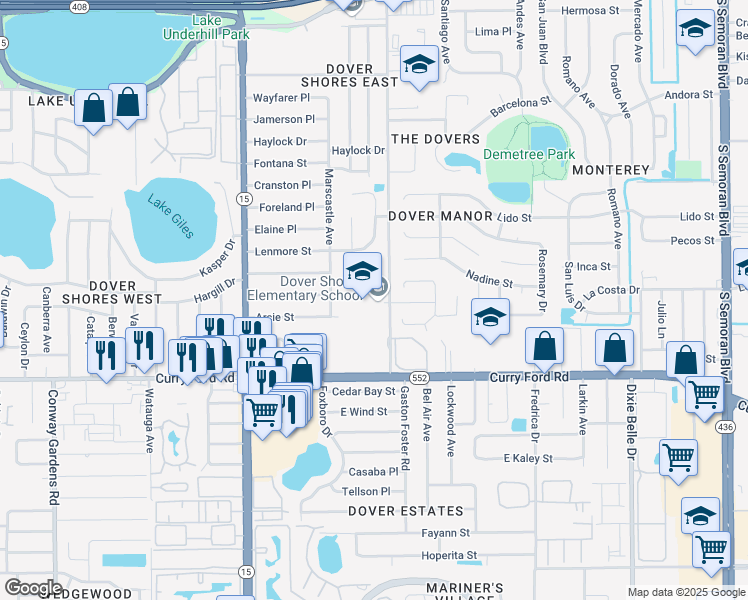 map of restaurants, bars, coffee shops, grocery stores, and more near 1200 Gaston Foster Road in Orlando