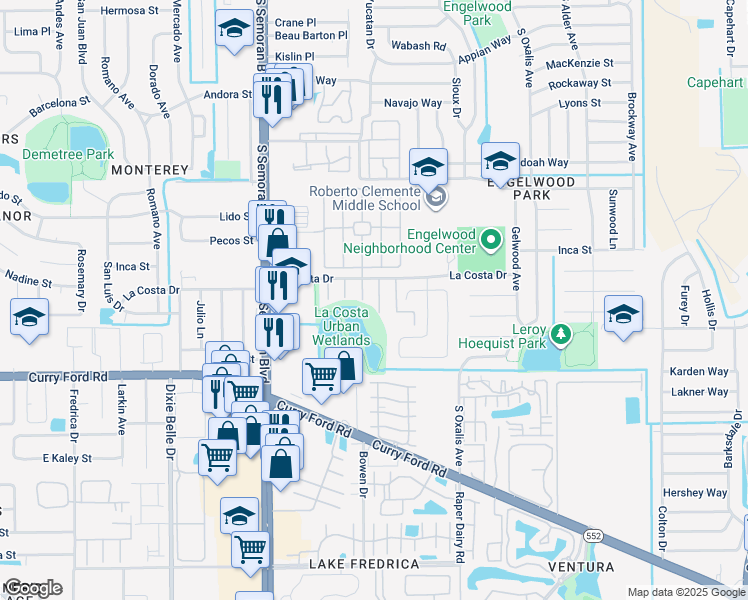map of restaurants, bars, coffee shops, grocery stores, and more near 1289 Americana Place in Orlando