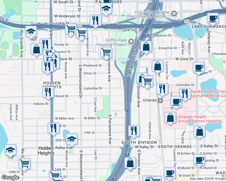 map of restaurants, bars, coffee shops, grocery stores, and more near 1213 South Parramore Avenue in Orlando