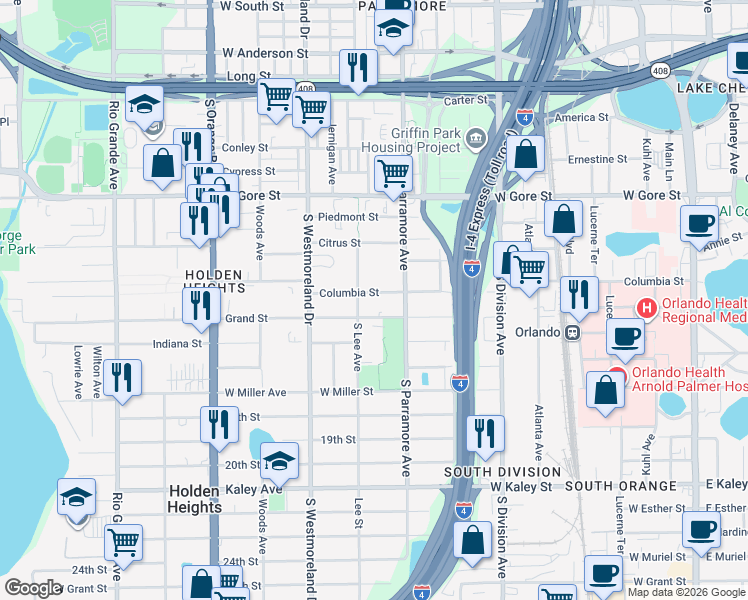 map of restaurants, bars, coffee shops, grocery stores, and more near 723 Grand Street in Orlando