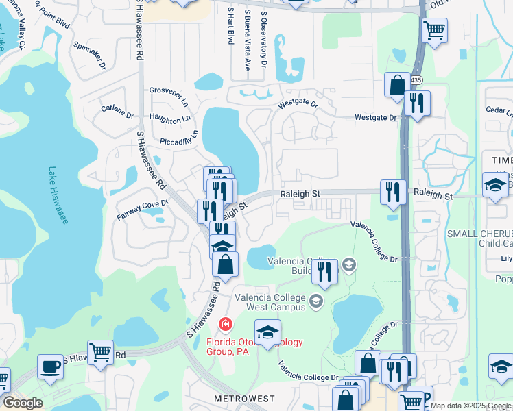 map of restaurants, bars, coffee shops, grocery stores, and more near 6308 Raleigh Street in Orlando