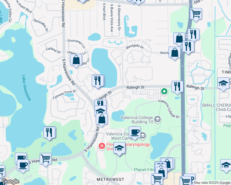 map of restaurants, bars, coffee shops, grocery stores, and more near 6308 Raleigh Street in Orlando