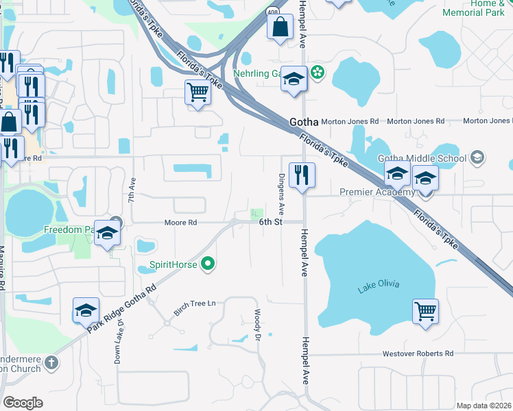 map of restaurants, bars, coffee shops, grocery stores, and more near 10295 Moore Road in Windermere