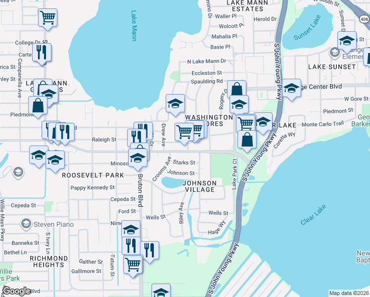 map of restaurants, bars, coffee shops, grocery stores, and more near 3705 Columbia Street in Orlando