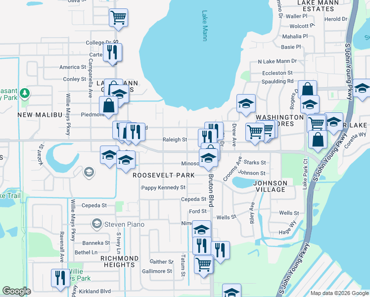 map of restaurants, bars, coffee shops, grocery stores, and more near 4136 Columbia Street in Orlando