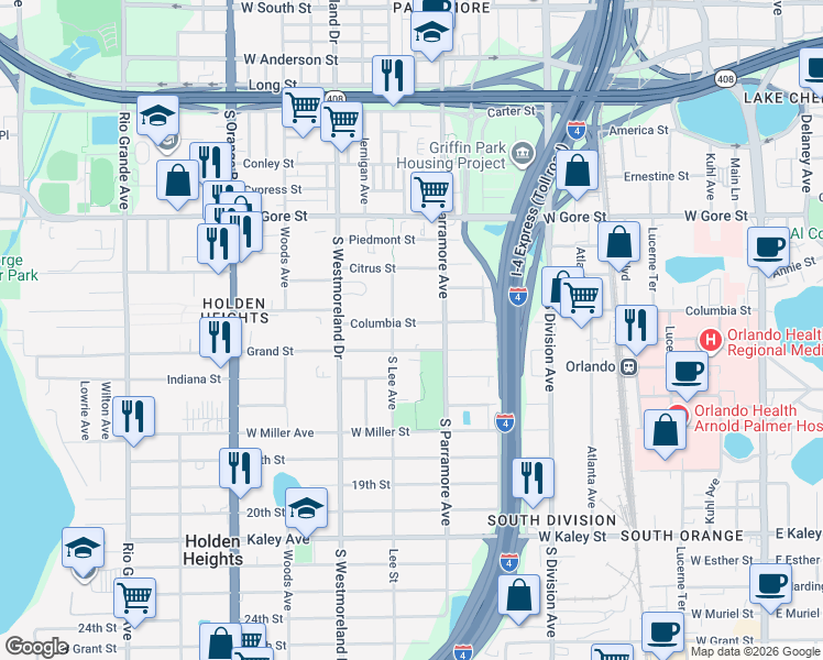 map of restaurants, bars, coffee shops, grocery stores, and more near 723 Grand Street in Orlando
