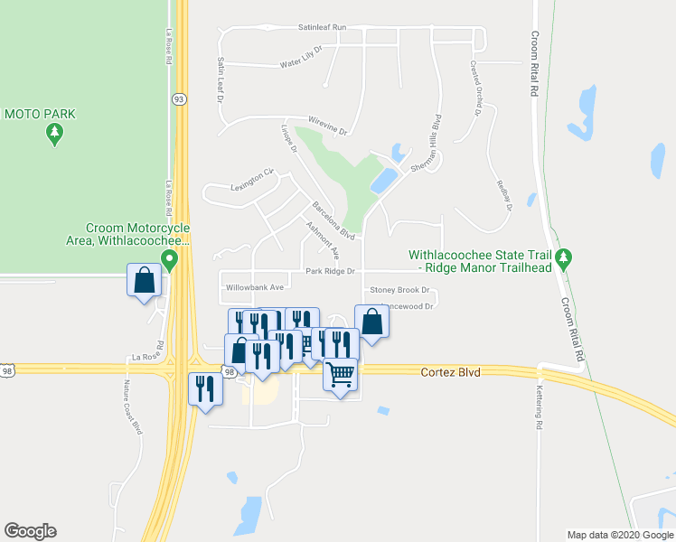 map of restaurants, bars, coffee shops, grocery stores, and more near 31123 Park Ridge Drive in Brooksville
