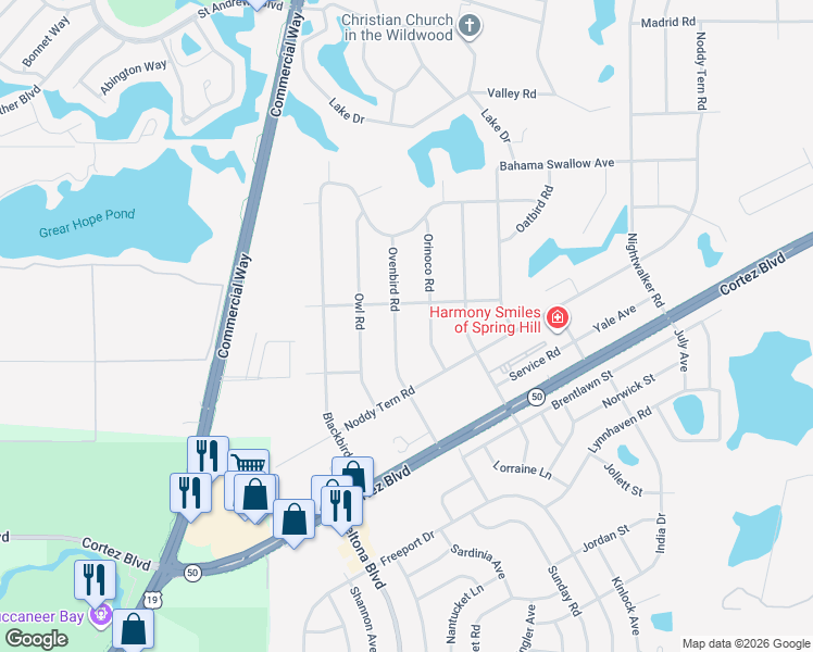 map of restaurants, bars, coffee shops, grocery stores, and more near 6513 Orinoco Road in Spring Hill