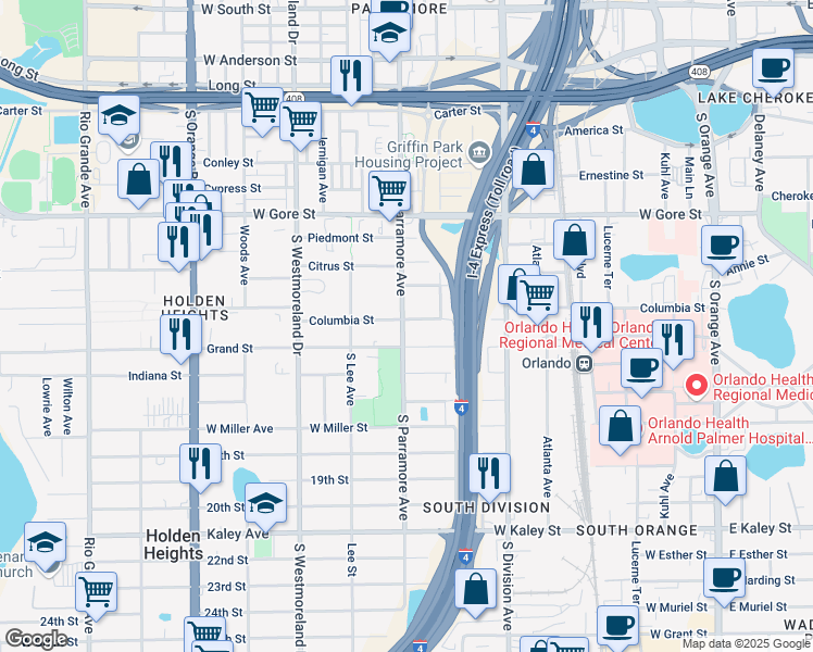 map of restaurants, bars, coffee shops, grocery stores, and more near 650 Columbia Street in Orlando