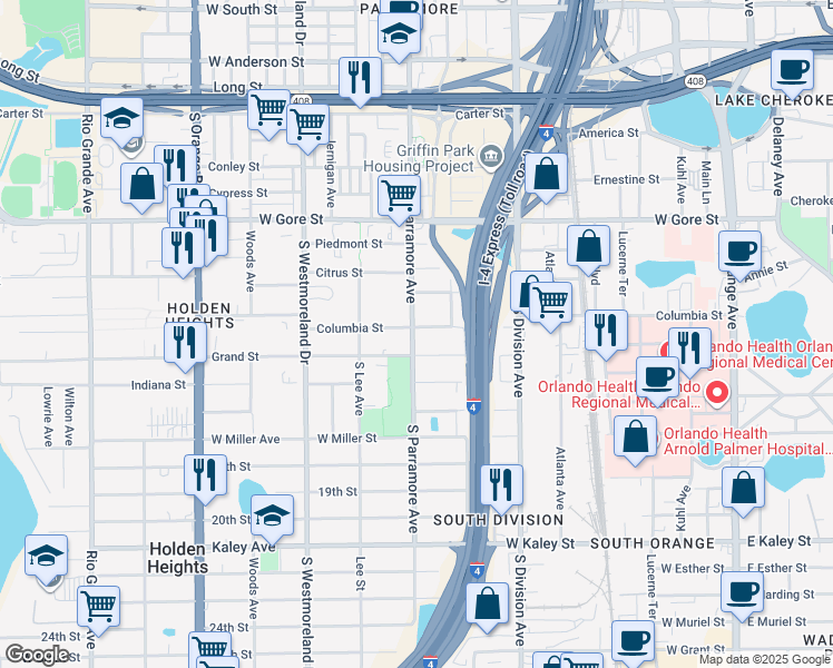 map of restaurants, bars, coffee shops, grocery stores, and more near 654 Columbia Street in Orlando