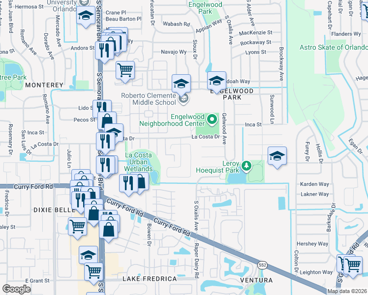 map of restaurants, bars, coffee shops, grocery stores, and more near 1358 Hendren Drive in Orlando