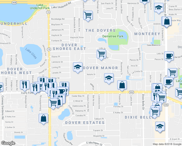map of restaurants, bars, coffee shops, grocery stores, and more near 5014 Natalie Street in Orlando