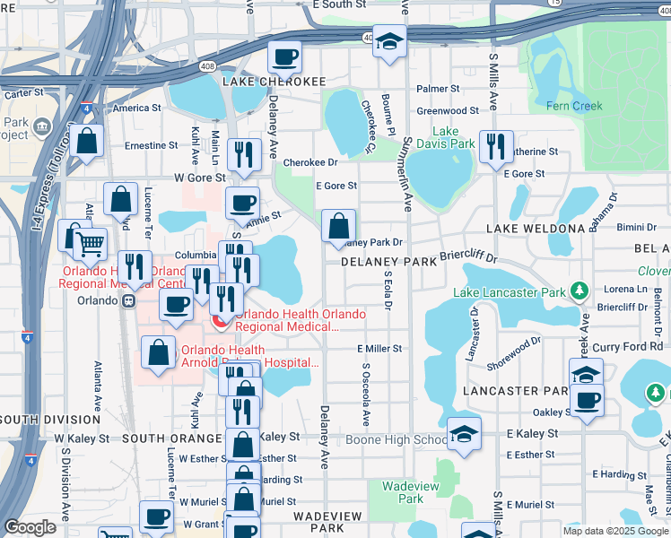 map of restaurants, bars, coffee shops, grocery stores, and more near 1213 Delaney Avenue in Orlando