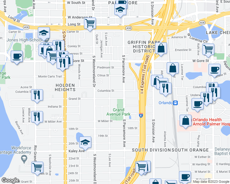 map of restaurants, bars, coffee shops, grocery stores, and more near 723 Grand Street in Orlando