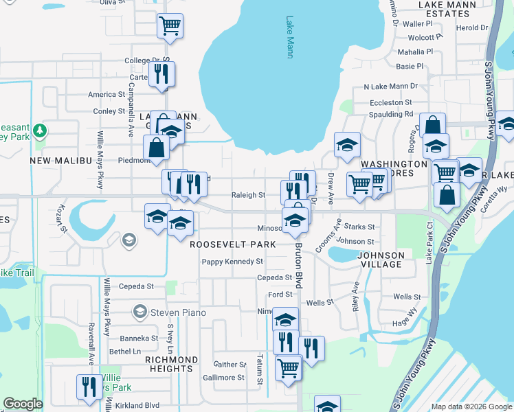 map of restaurants, bars, coffee shops, grocery stores, and more near 4136 Columbia Street in Orlando